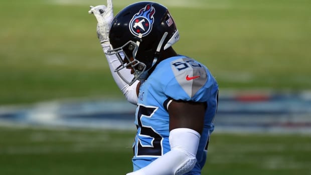 Tennessee Titans inside linebacker Jayon Brown (55) after a defensive stop during the first half against the Chicago Bears at Nissan Stadium.